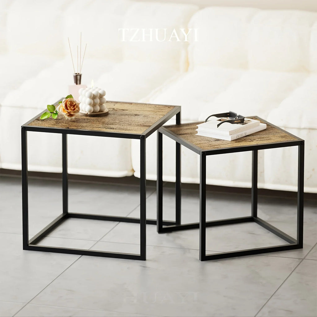 [2pcs Nordic Iron Art Tables] 2pcs Set, Minimalist Modern Nordic Iron Art Square Coffee Table and Side Tables for Living Room or Bedroom House Of Avana