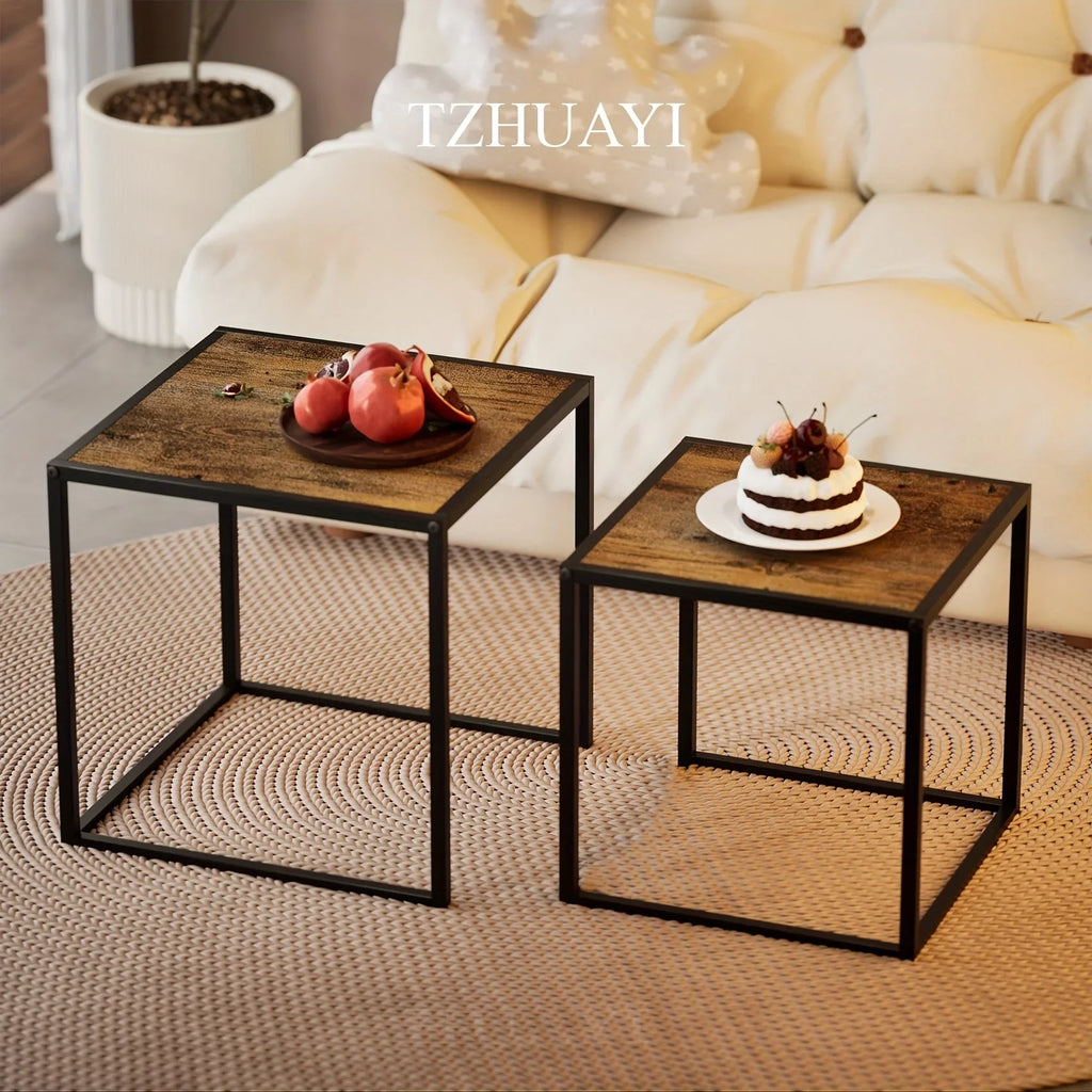 [2pcs Nordic Iron Art Tables] 2pcs Set, Minimalist Modern Nordic Iron Art Square Coffee Table and Side Tables for Living Room or Bedroom House Of Avana