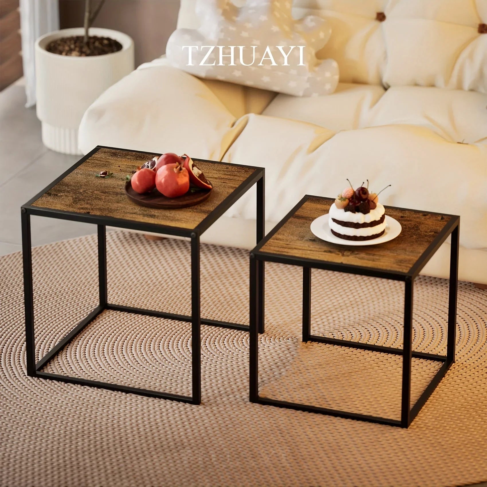 [2pcs Nordic Iron Art Tables] 2pcs Set, Minimalist Modern Nordic Iron Art Square Coffee Table and Side Tables for Living Room or Bedroom House Of Avana