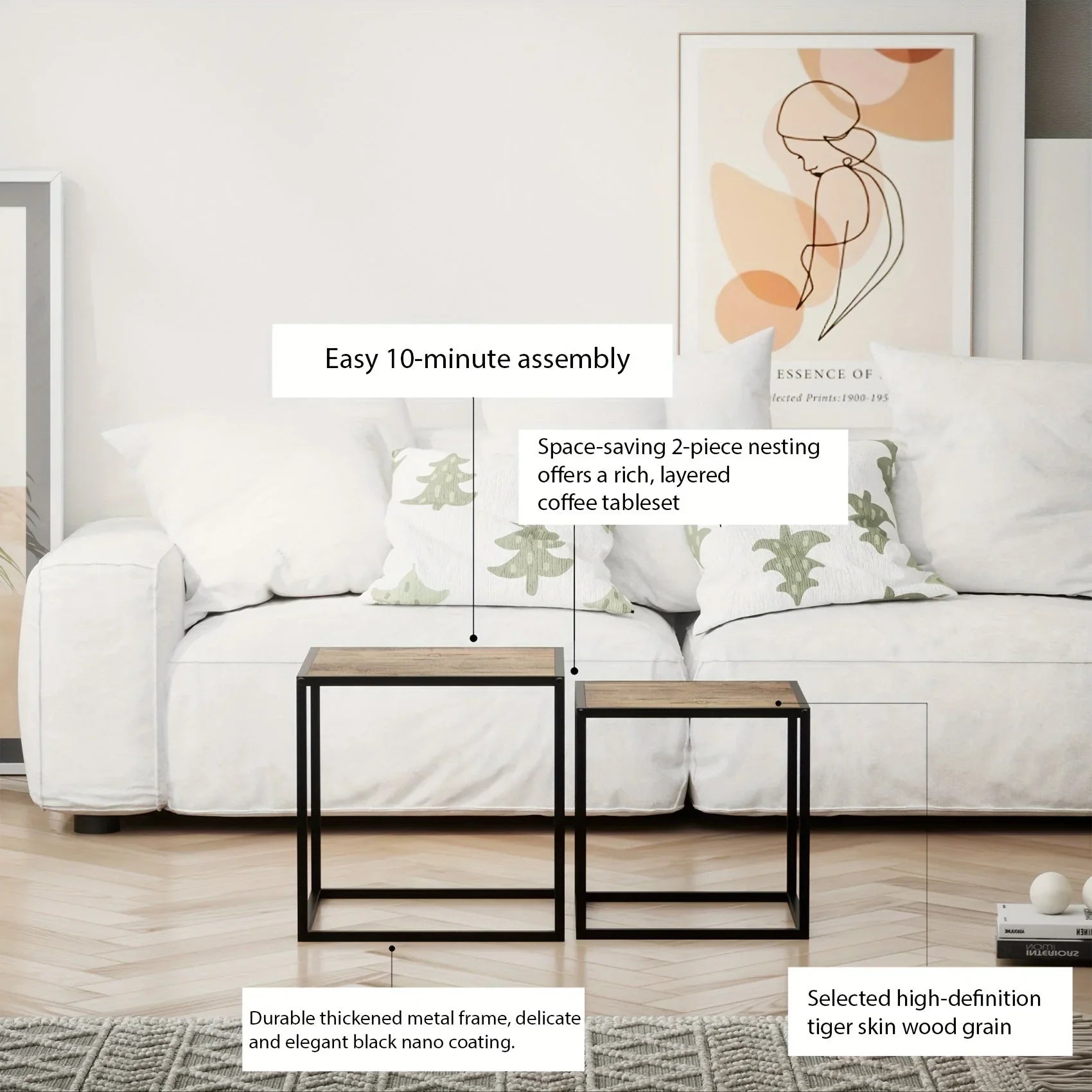 [2pcs Nordic Iron Art Tables] 2pcs Set, Minimalist Modern Nordic Iron Art Square Coffee Table and Side Tables for Living Room or Bedroom House Of Avana