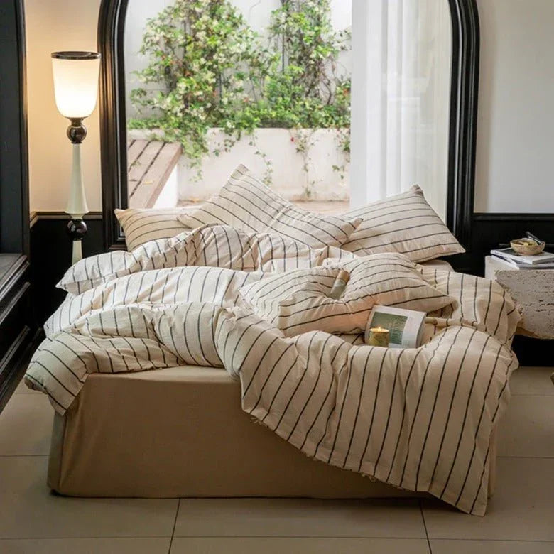 Minimalist Vertical Stripe Bow Ties Bedding Set / Beige Custard Ever Lasting