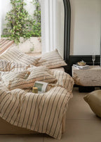 Minimalist Vertical Stripe Bow Ties Bedding Set / Beige Custard Ever Lasting
