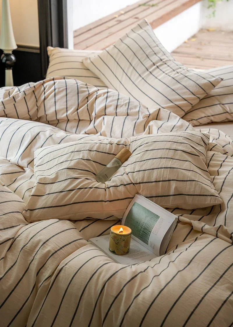 Minimalist Vertical Stripe Bow Ties Bedding Set / Beige Custard Ever Lasting