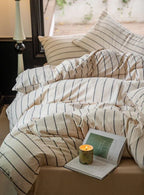 Minimalist Vertical Stripe Bow Ties Bedding Set / Beige Custard Ever Lasting