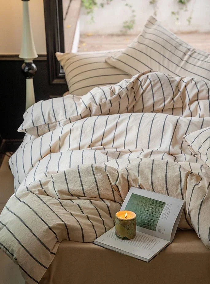 Minimalist Vertical Stripe Bow Ties Bedding Set / Beige Custard Ever Lasting