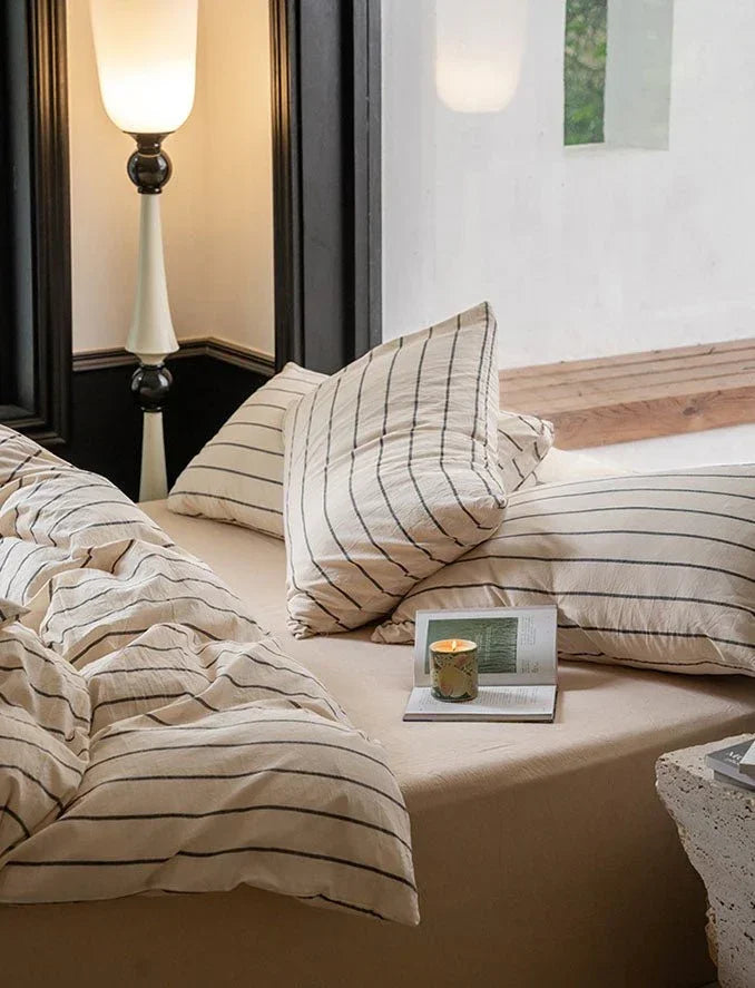 Minimalist Vertical Stripe Bow Ties Bedding Set / Beige Custard Ever Lasting