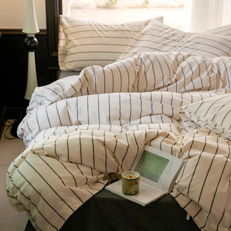 Minimalist Vertical Stripe Bow Ties Bedding Set / Beige Custard Ever Lasting