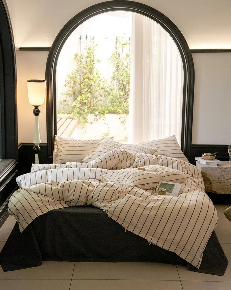 Minimalist Vertical Stripe Bow Ties Bedding Set / Beige Custard Ever Lasting