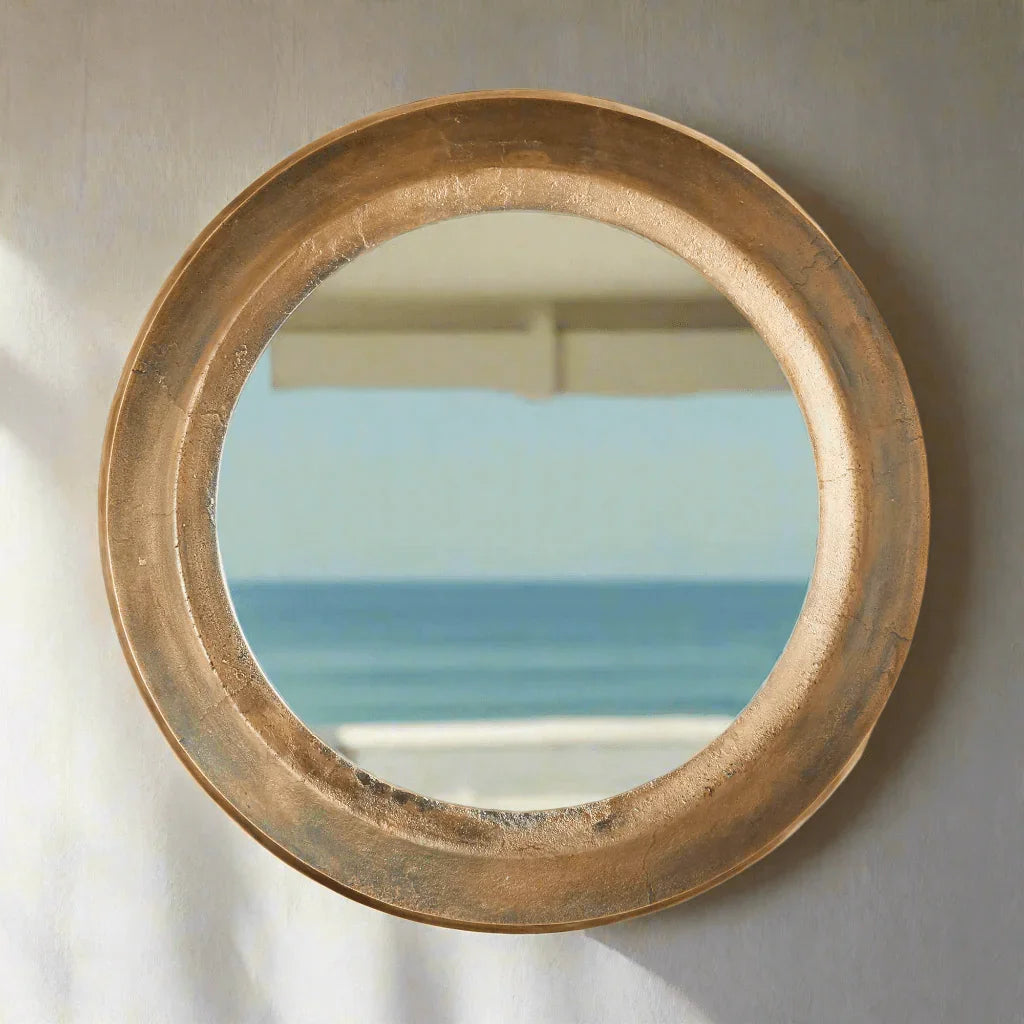 Antique Nickel Round Wall Mirror with Distressed Finish - House Of Avana