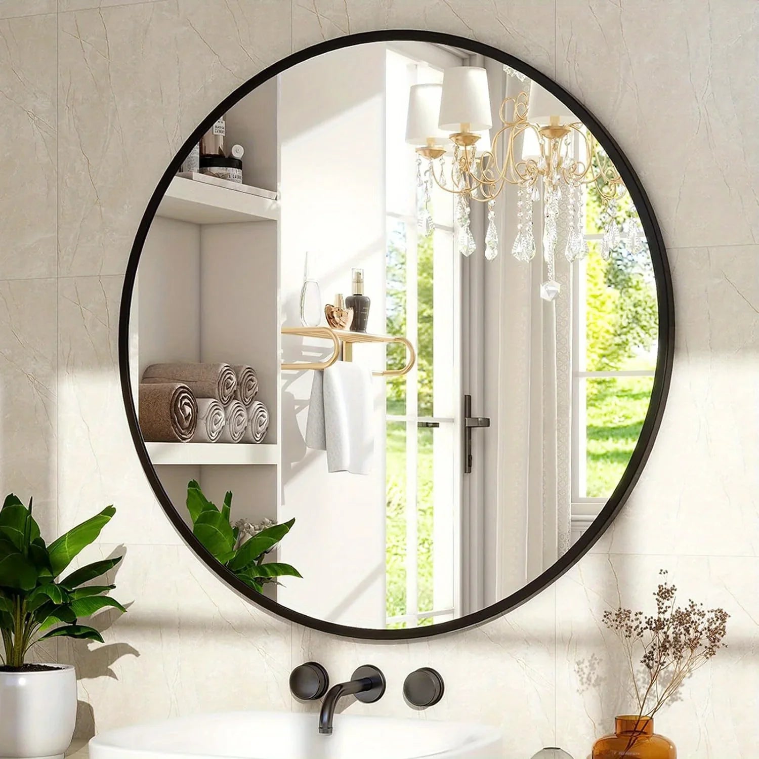 30.1 Inch Classic Round Wall Mirror Bathroom Mirror with Metal Frame Modern Hanging Mirror for Living... - House Of Avana