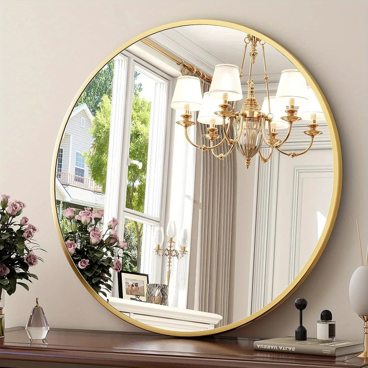 30.1 Inch Classic Round Wall Mirror Bathroom Mirror with Metal Frame Modern Hanging Mirror for Living... - House Of Avana
