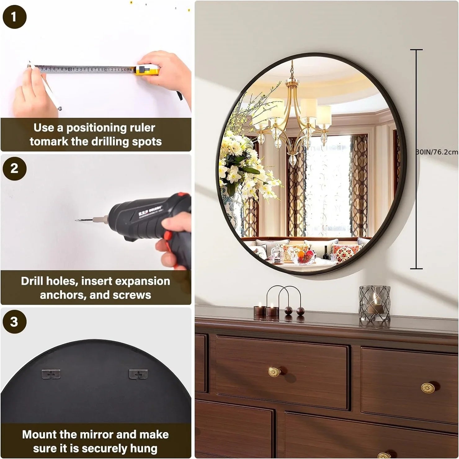 30.1 Inch Classic Round Wall Mirror Bathroom Mirror with Metal Frame Modern Hanging Mirror for Living... - House Of Avana