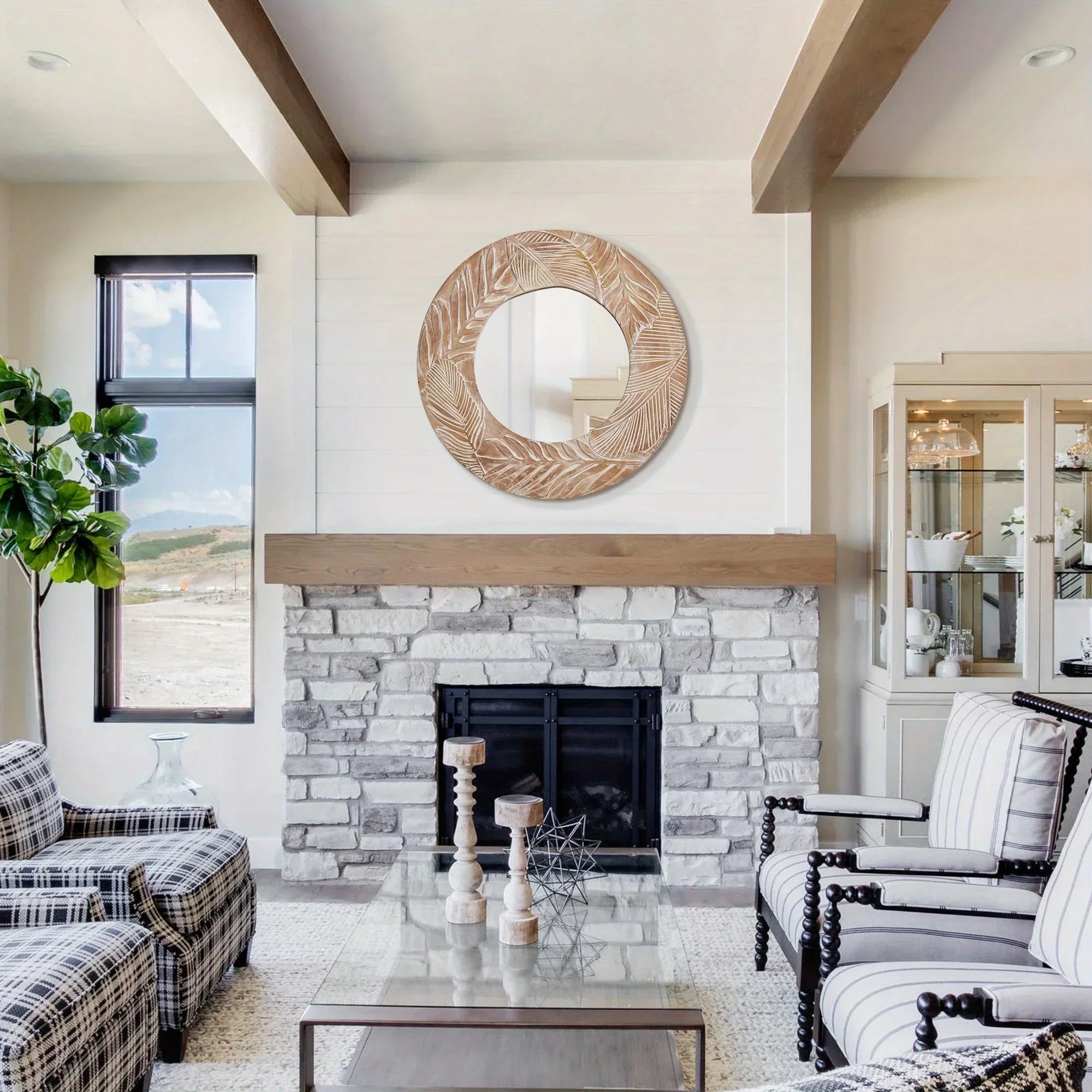 28 In. W X In. H Round Rustic Framed Wall Bathroom Vanity Mirror - House Of Avana