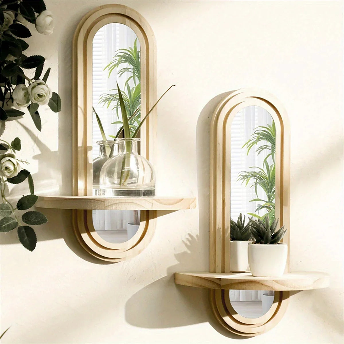 Wooden Oval Wall Mirror Shelf with Natural Finish, front view - House Of Avana
