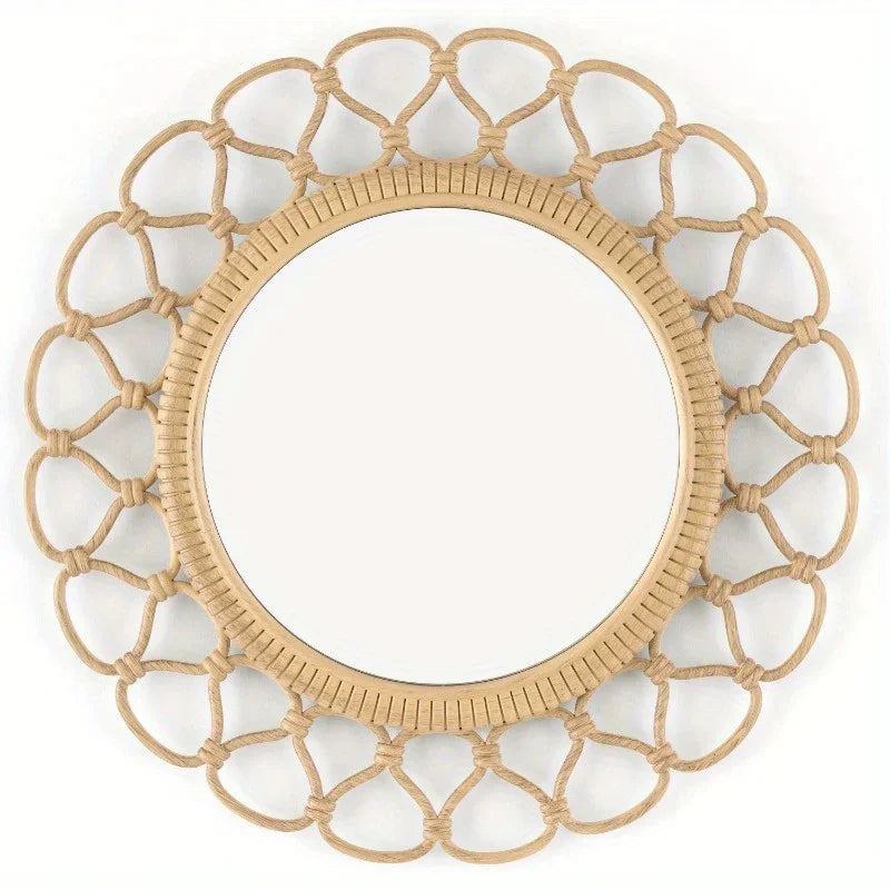 3 Piece Light Natural Faux Woven Wicker Round Traditional Mirror Set, back view - House Of Avana