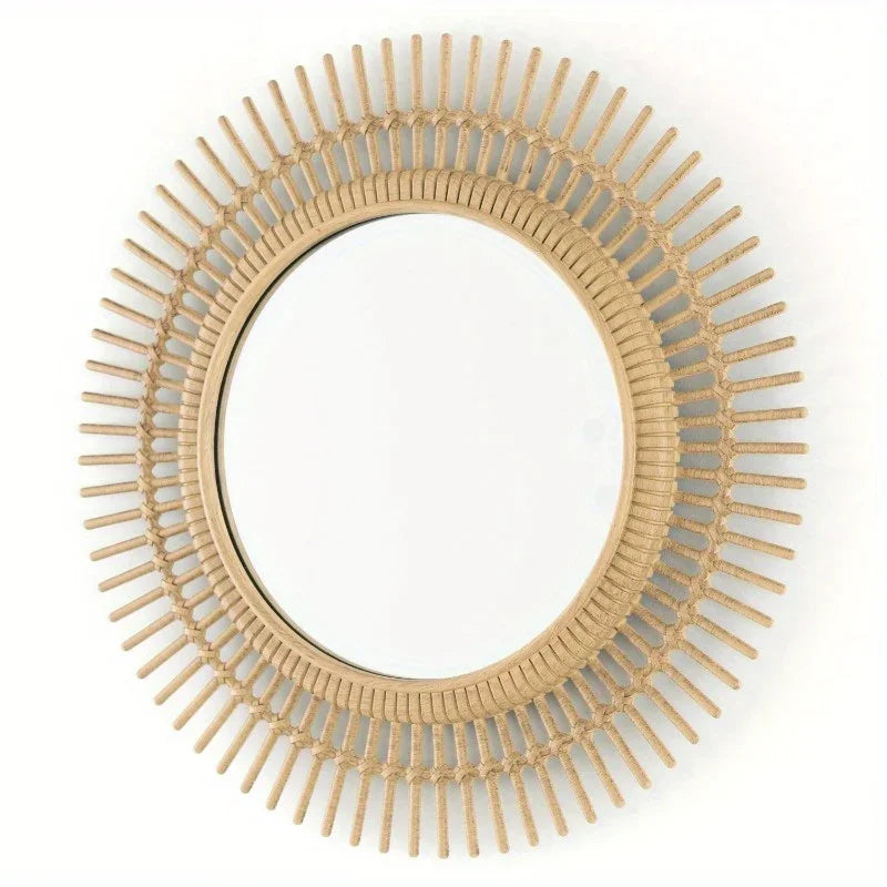 3 Piece Light Natural Faux Woven Wicker Round Traditional Mirror Set, detail shot - House Of Avana