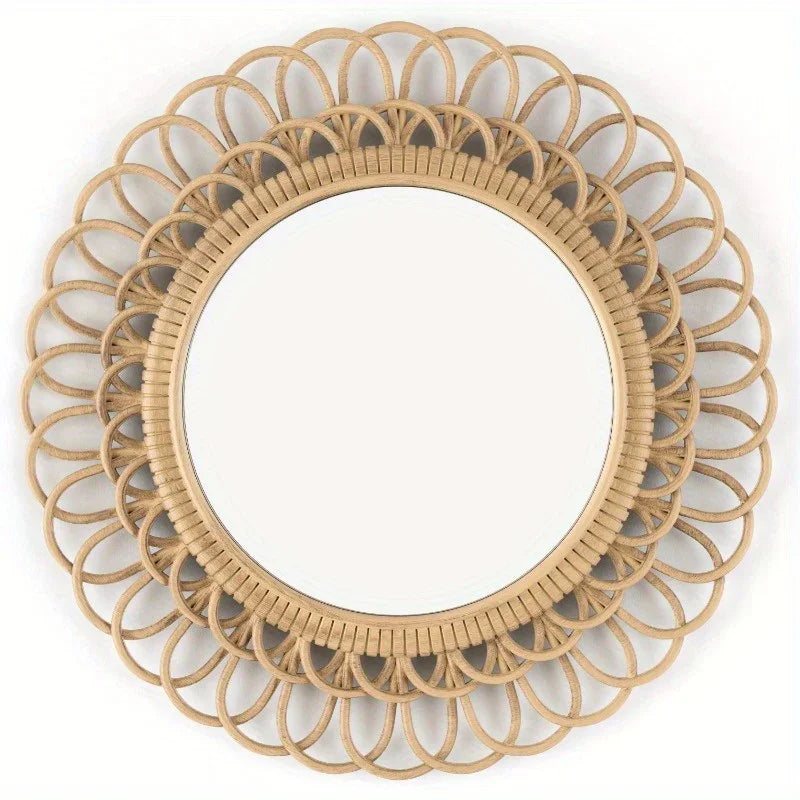 3 Piece Light Natural Faux Woven Wicker Round Traditional Mirror Set - House Of Avana