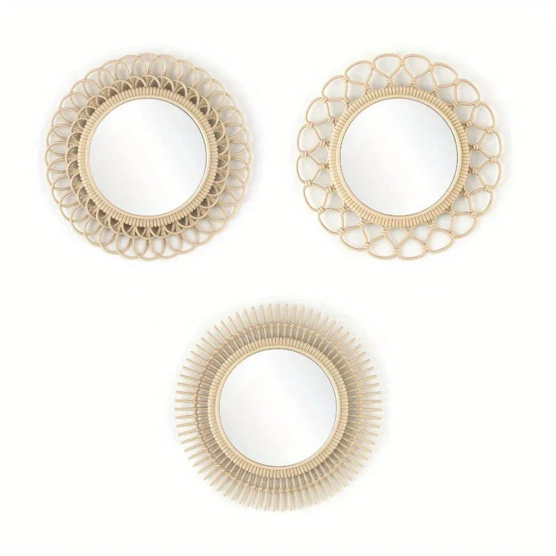 3 Piece Light Natural Faux Woven Wicker Round Traditional Mirror Set - House Of Avana