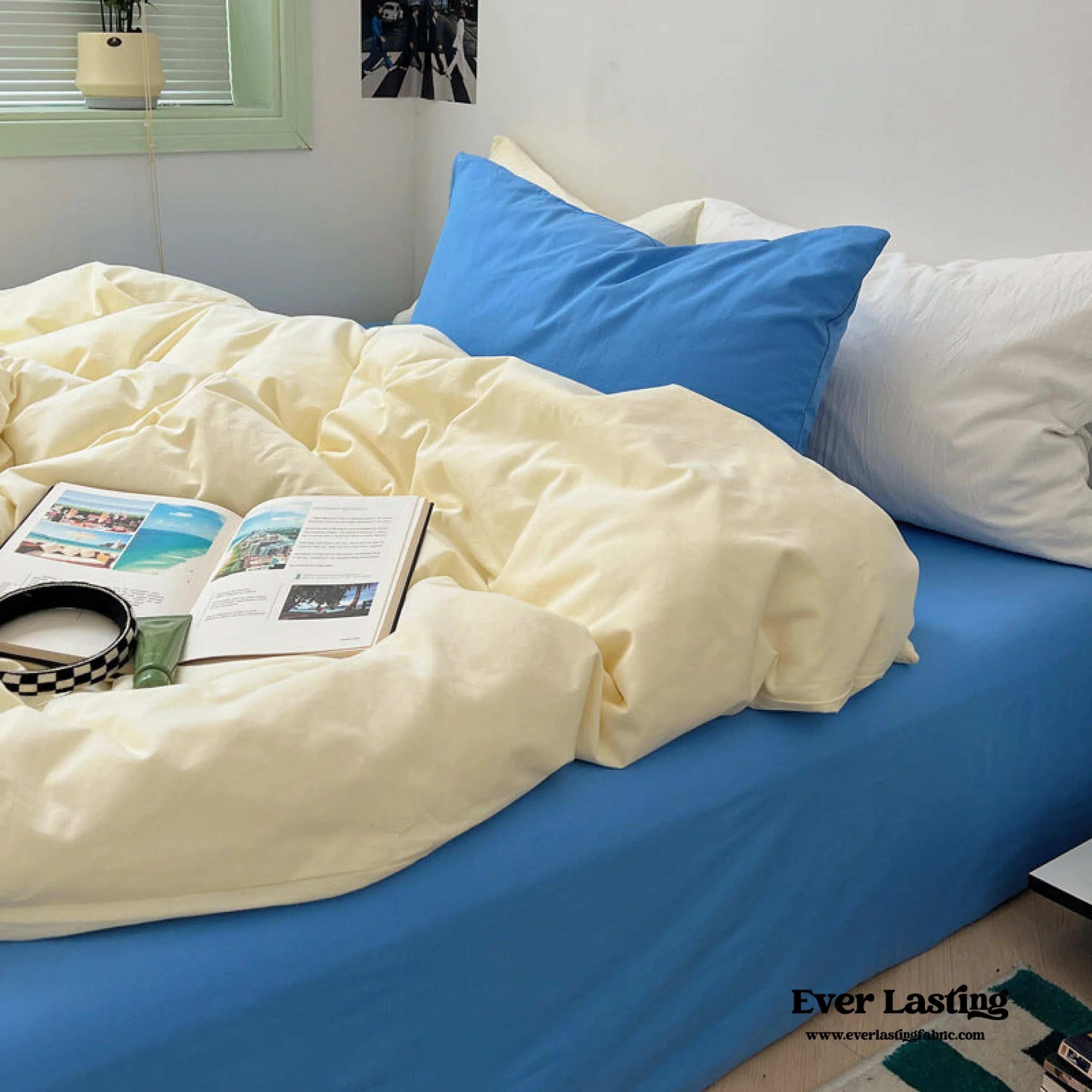 Mixed Color Ocean Crush Washed Cotton Bedding Set / White + Blue Ever Lasting