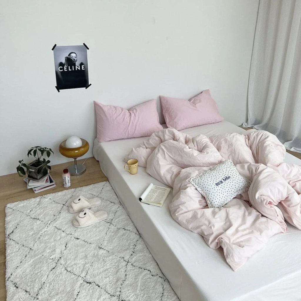 Mixed Color Washed Cotton Bedding Set / Baby Pink + White Ever Lasting
