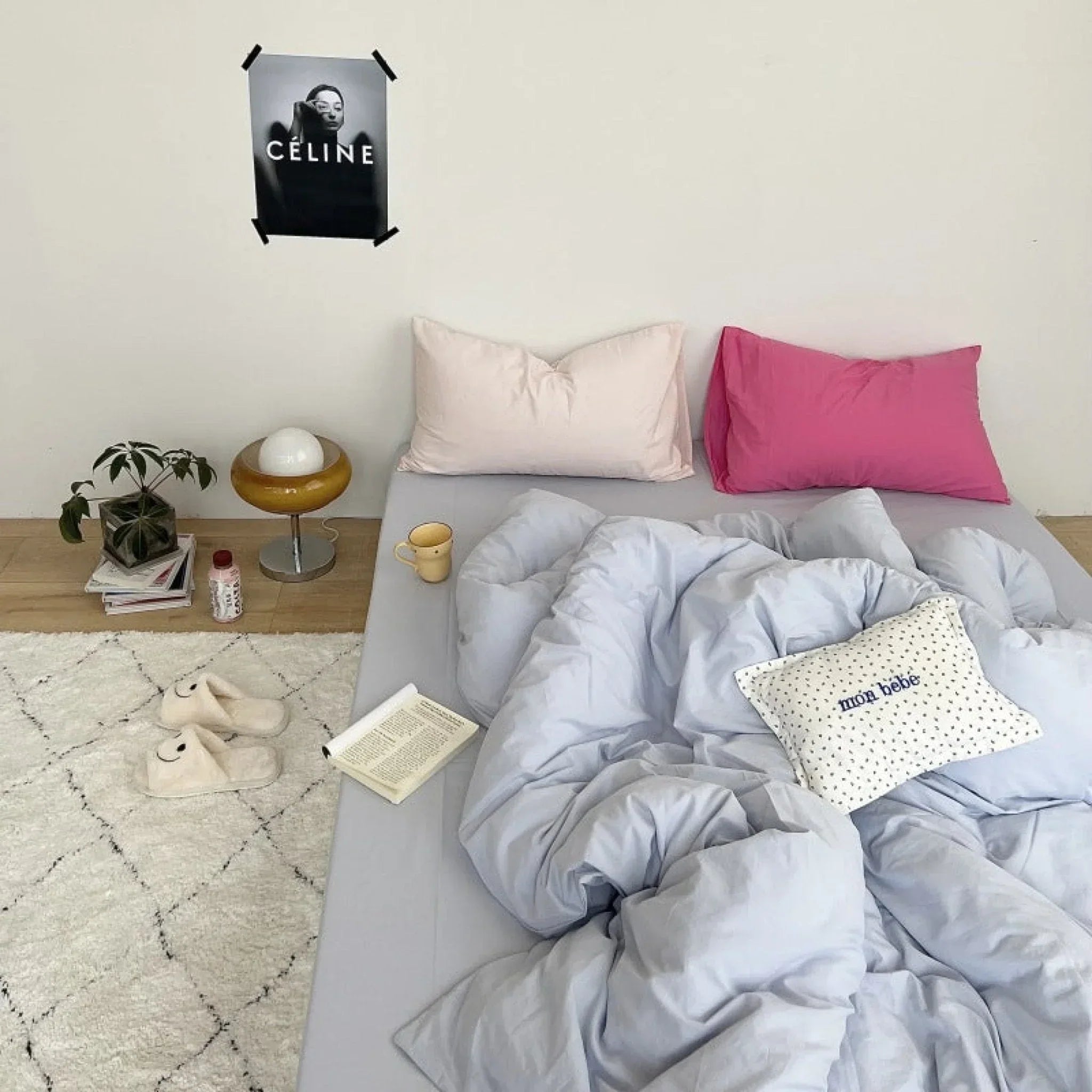 Mixed Color Washed Cotton Bedding Set / Baby Pink + White Ever Lasting