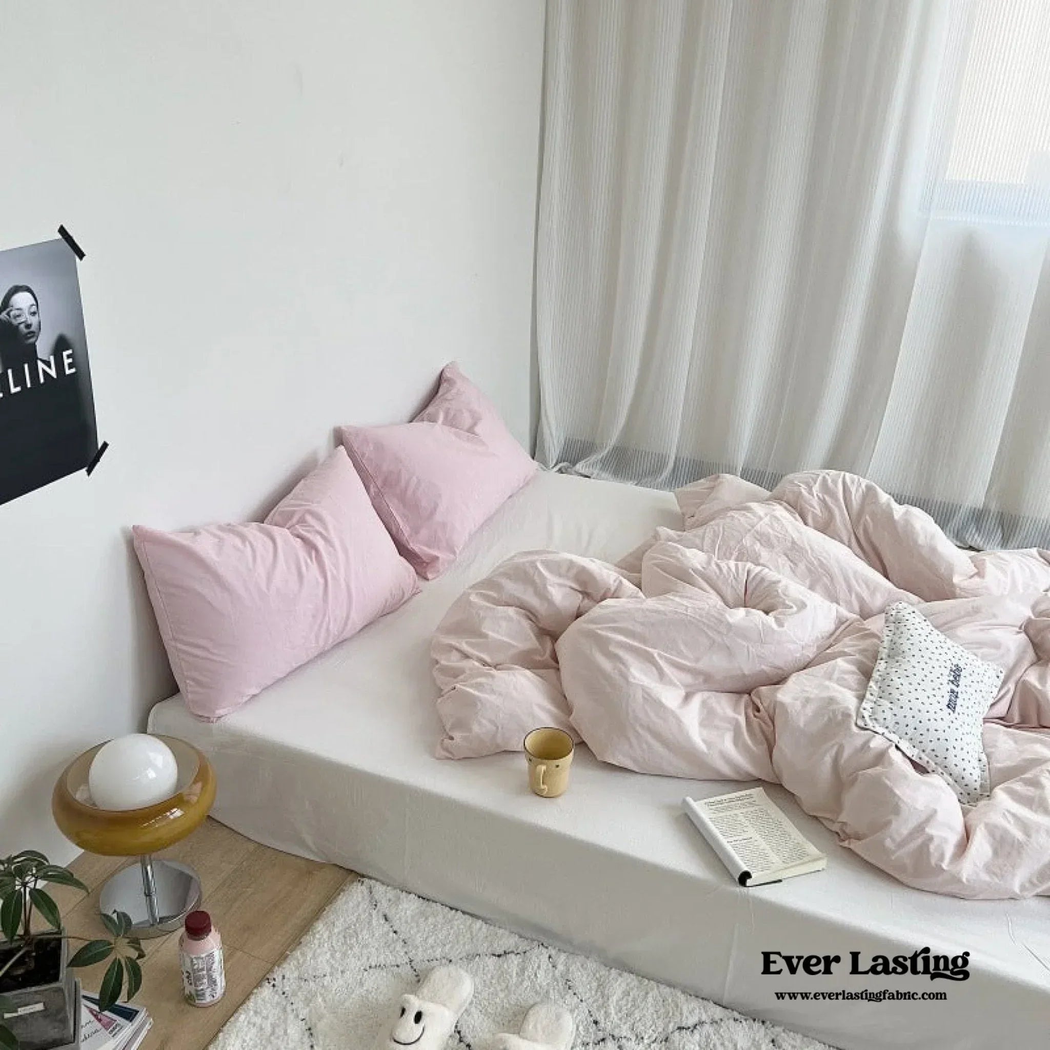 Mixed Color Washed Cotton Bedding Set / Baby Pink + White Ever Lasting