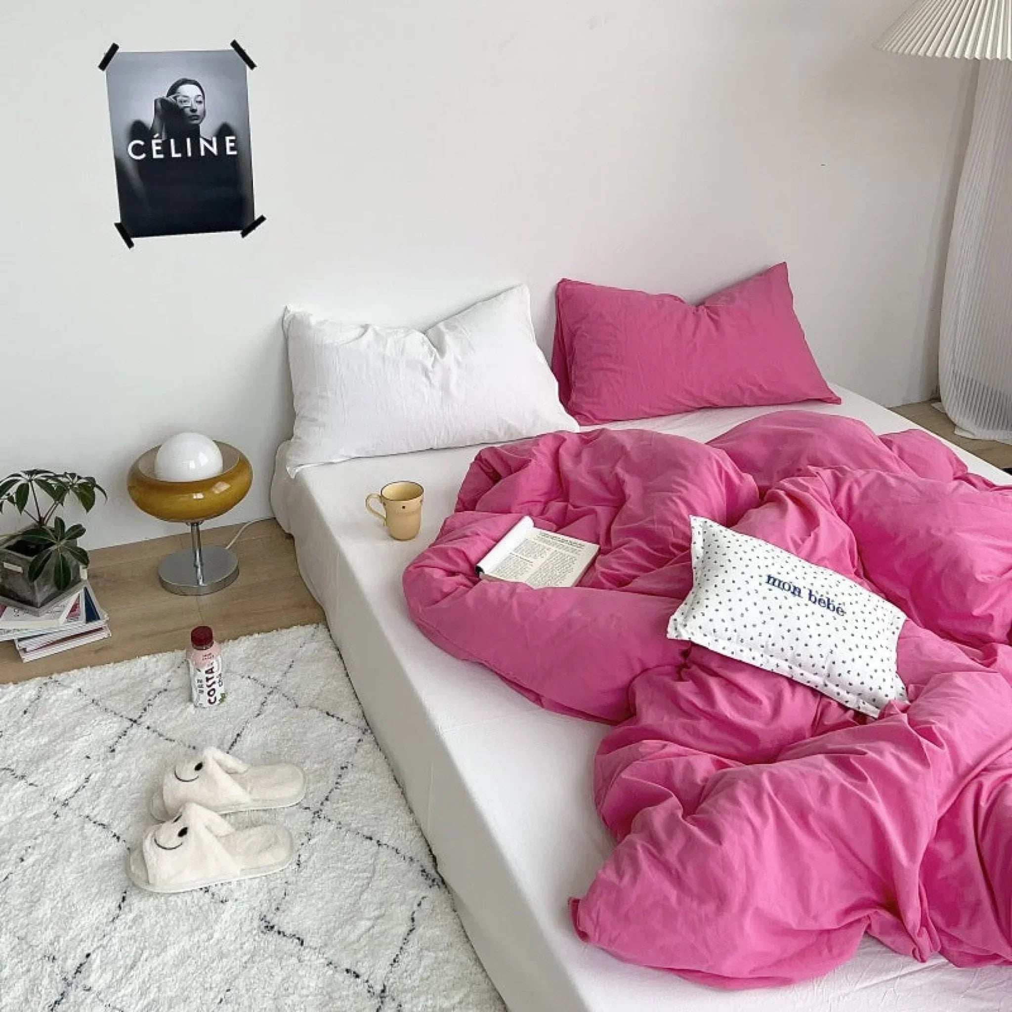 Mixed Color Washed Cotton Bedding Set / Baby Pink + White Ever Lasting
