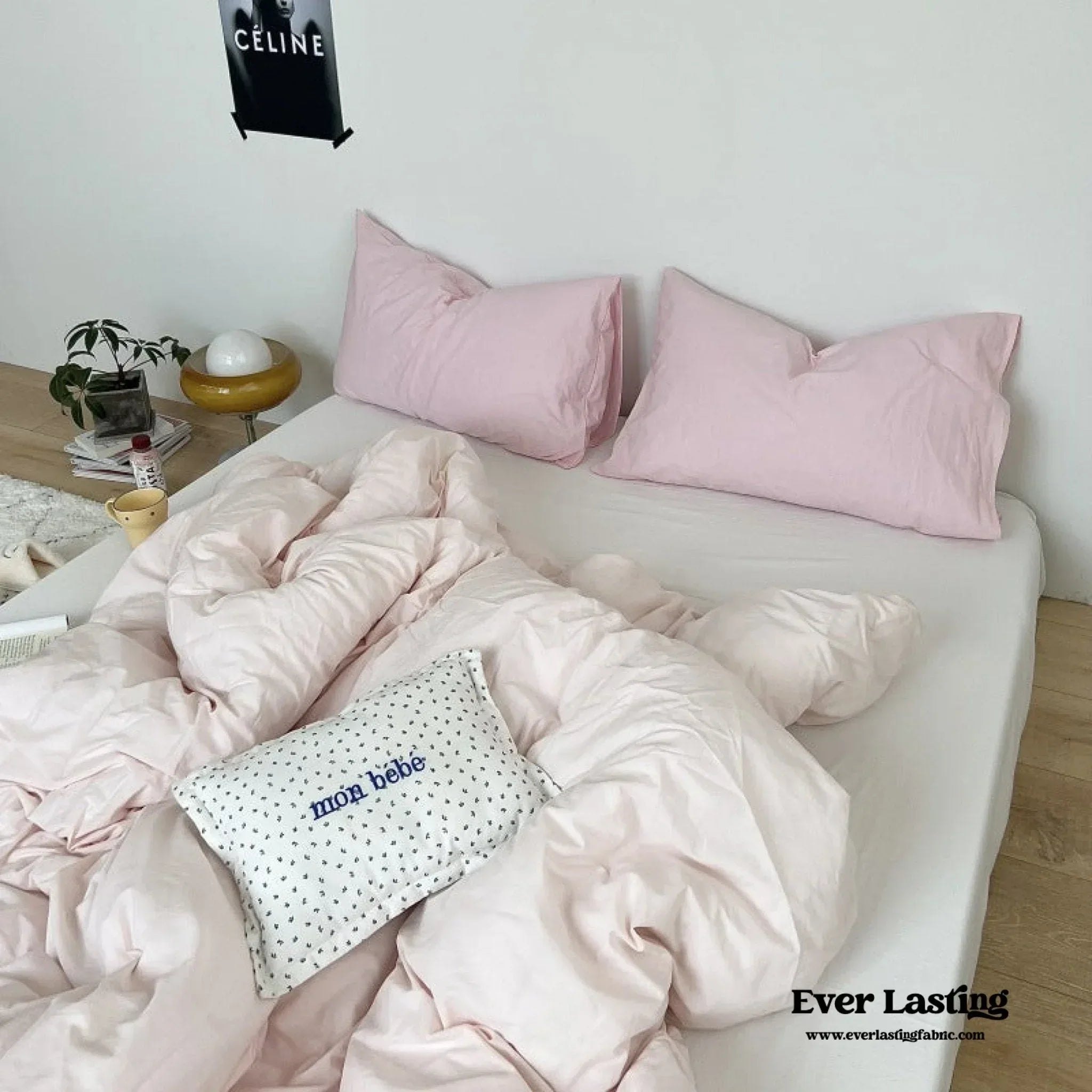 Mixed Color Washed Cotton Bedding Set / Baby Pink + White Ever Lasting