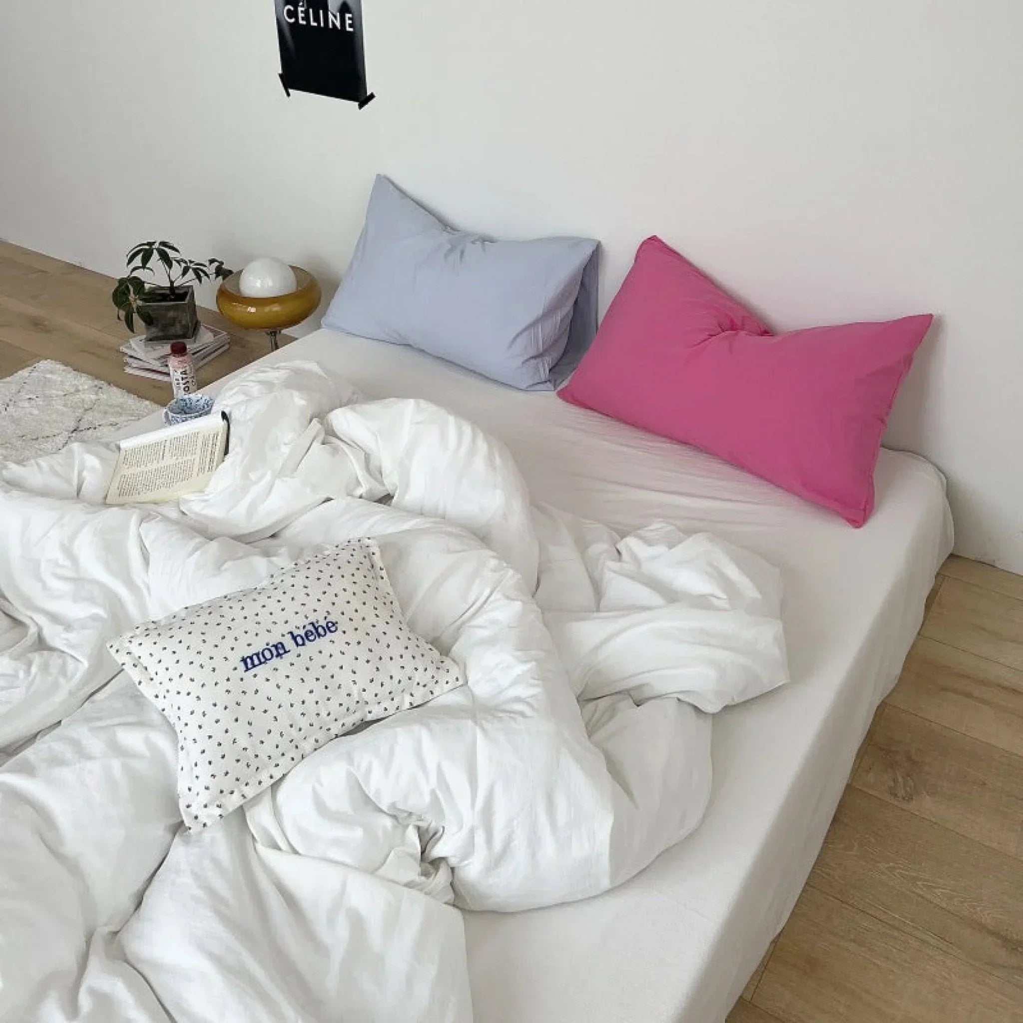 Mixed Color Washed Cotton Bedding Set / Baby Pink + White Ever Lasting