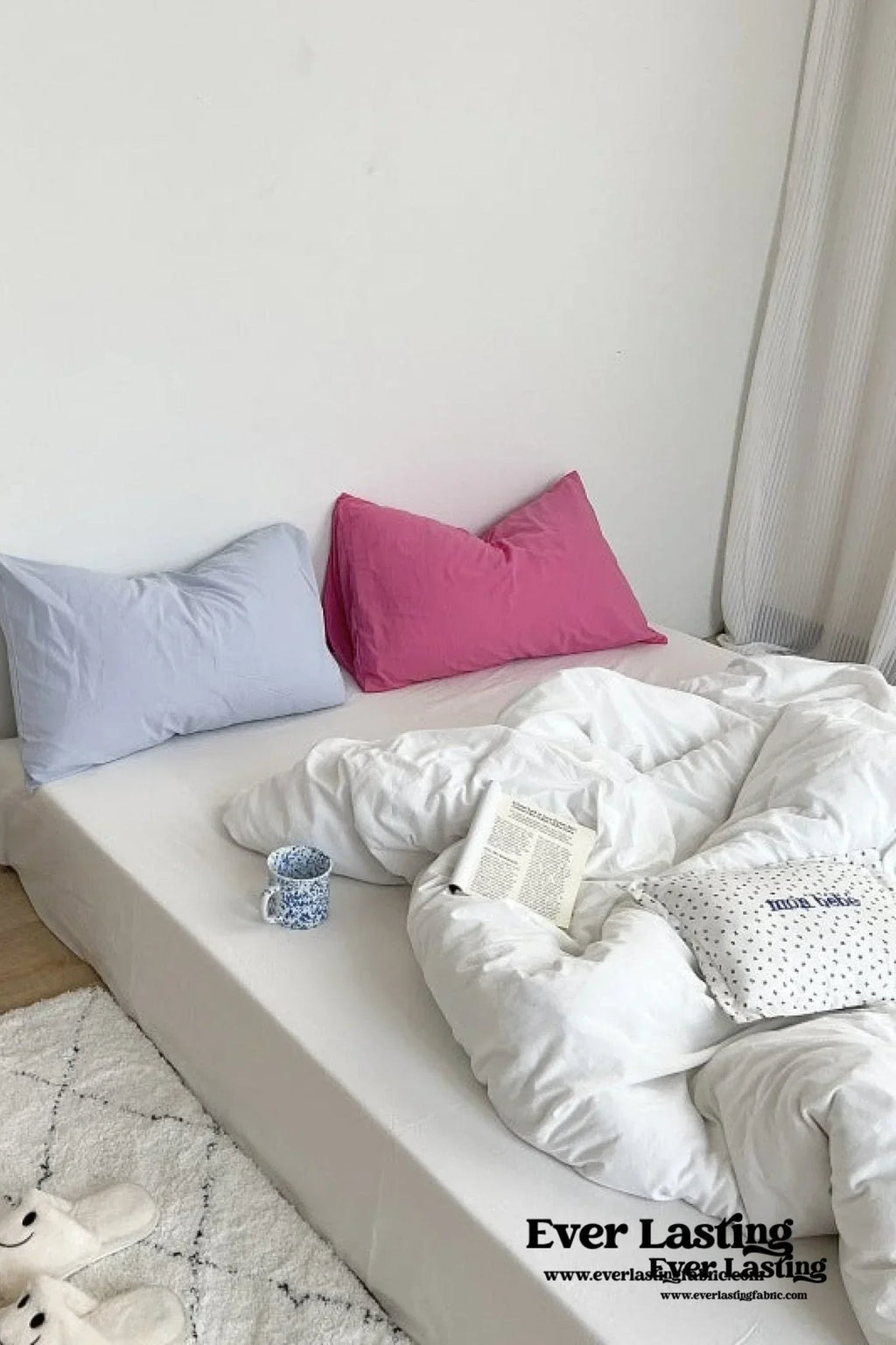 Mixed Color Washed Cotton Bedding Set / Baby Pink + White Ever Lasting
