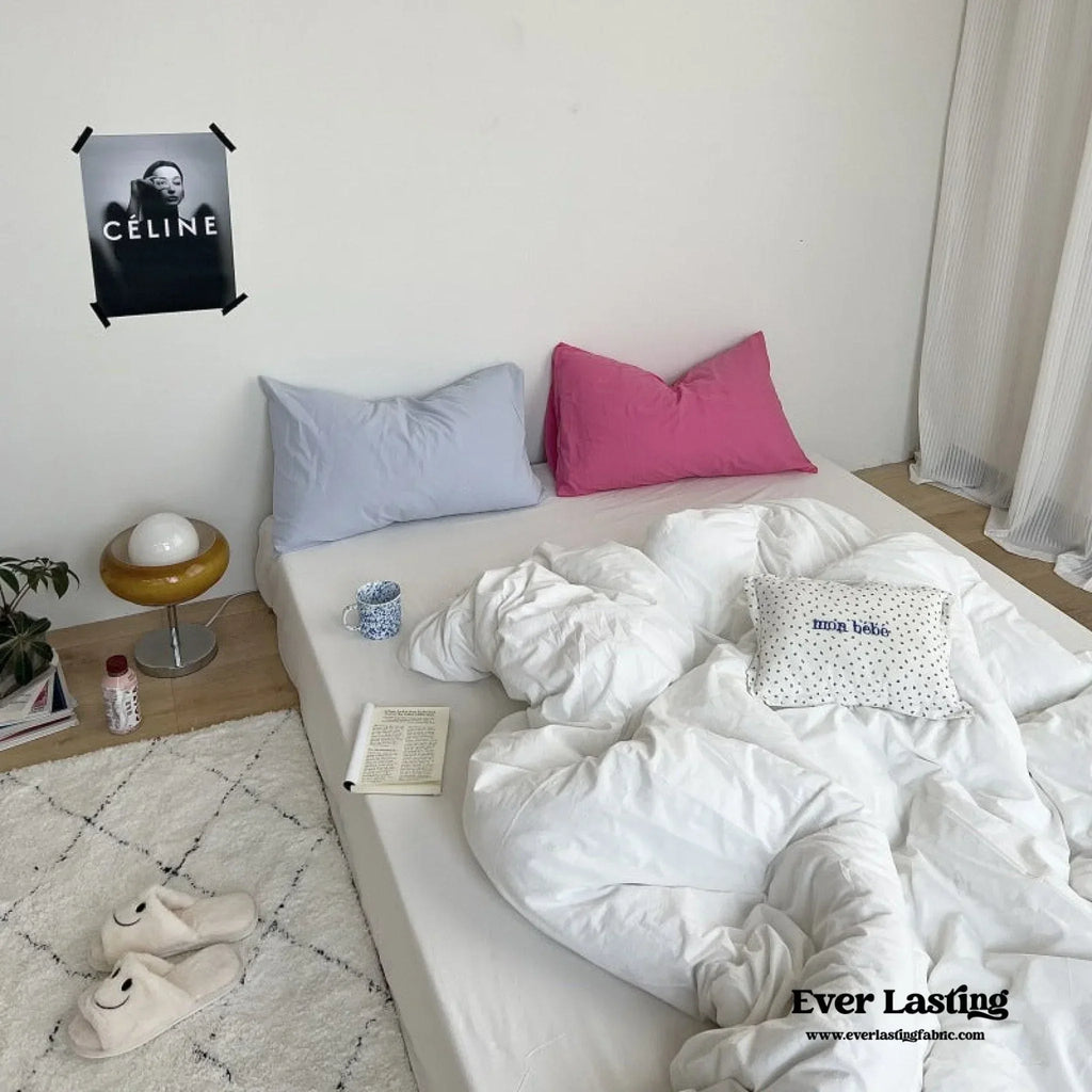 Mixed Color Washed Cotton Bedding Set / Baby Pink + White Ever Lasting