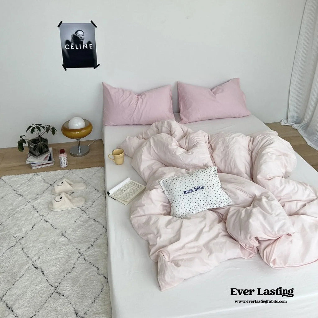 Mixed Color Washed Cotton Bedding Set / Baby Pink + White Ever Lasting