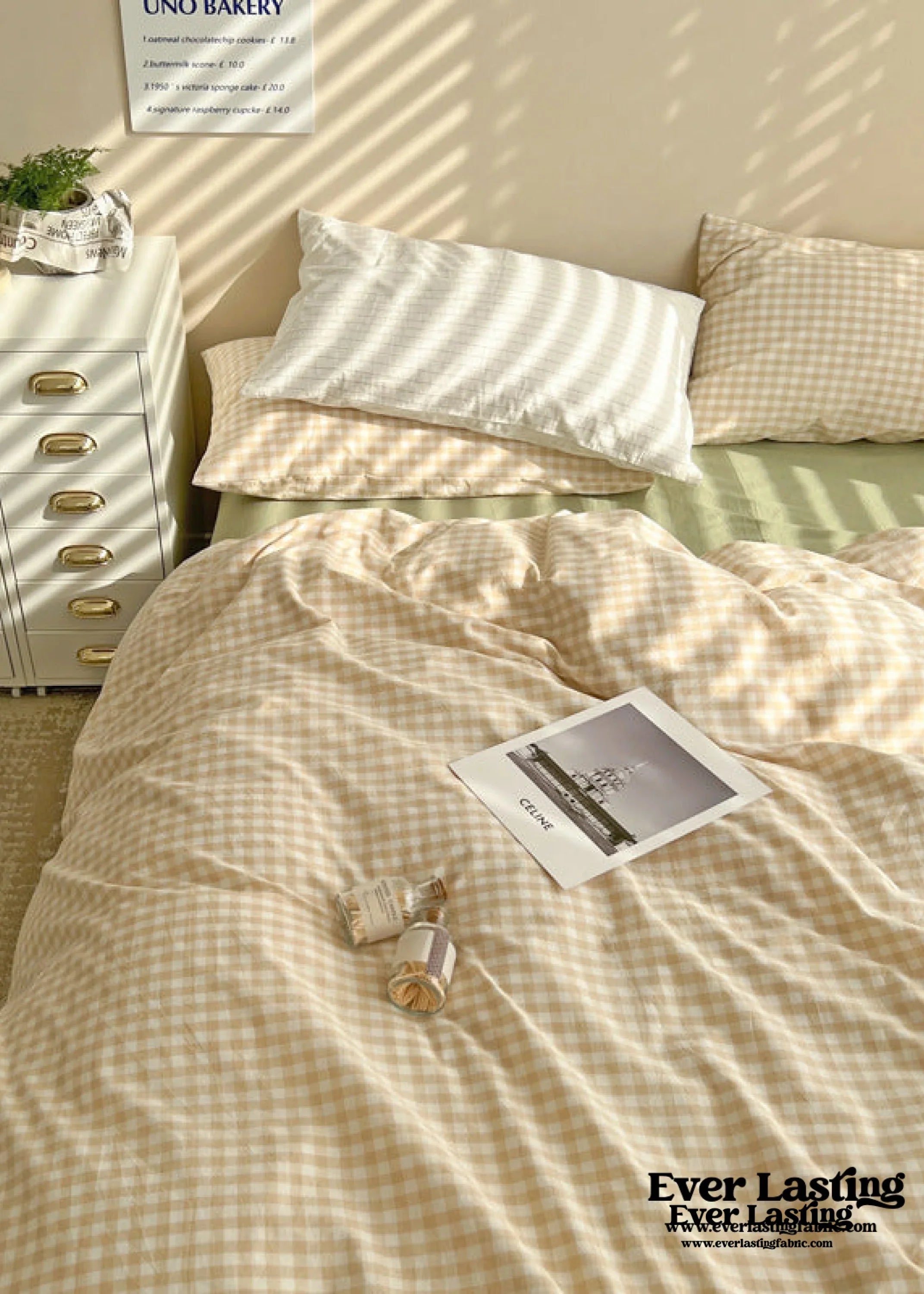 Mixed Gingham Bedding Set / Brown + Green Ever Lasting