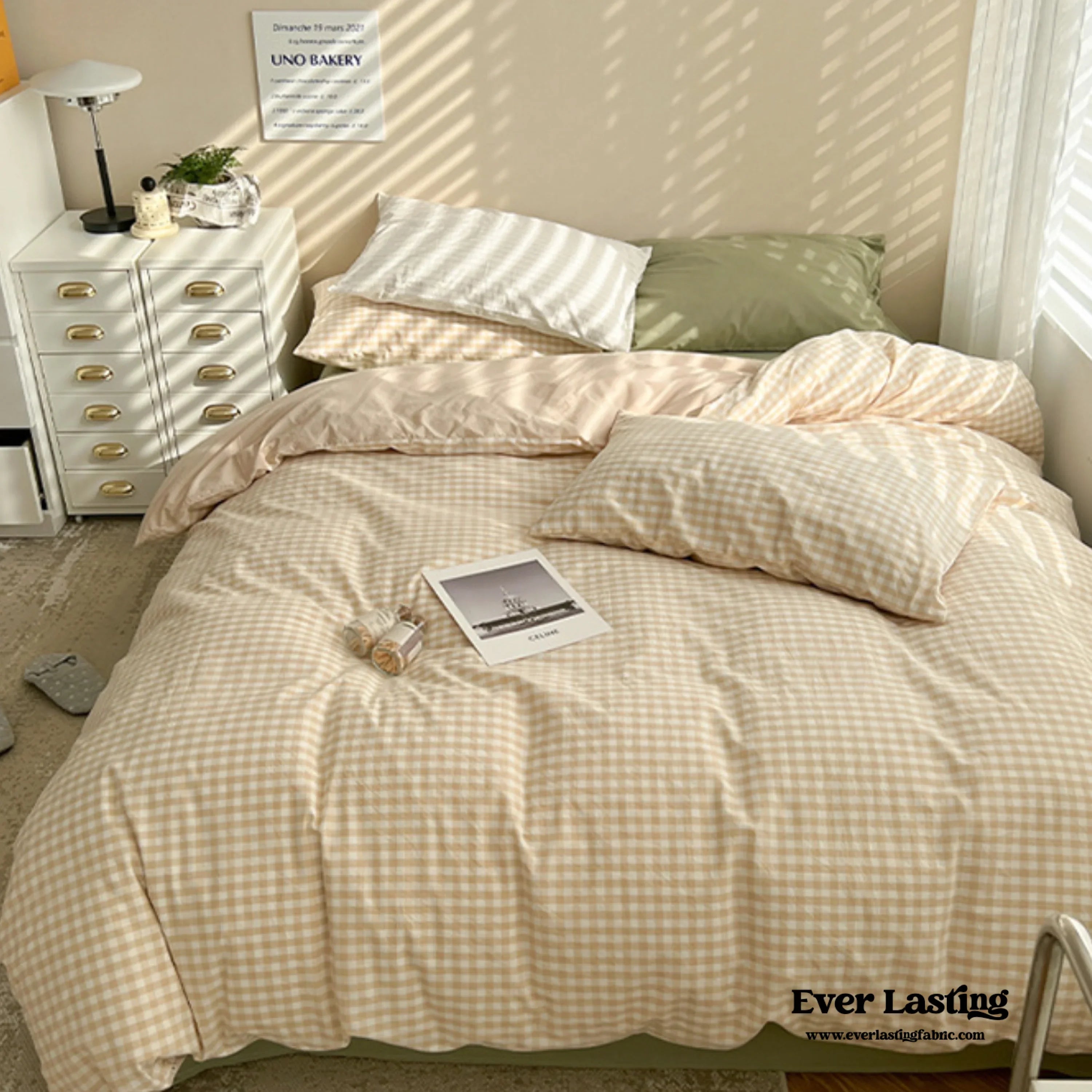 Mixed Gingham Bedding Set / Brown + Green Ever Lasting