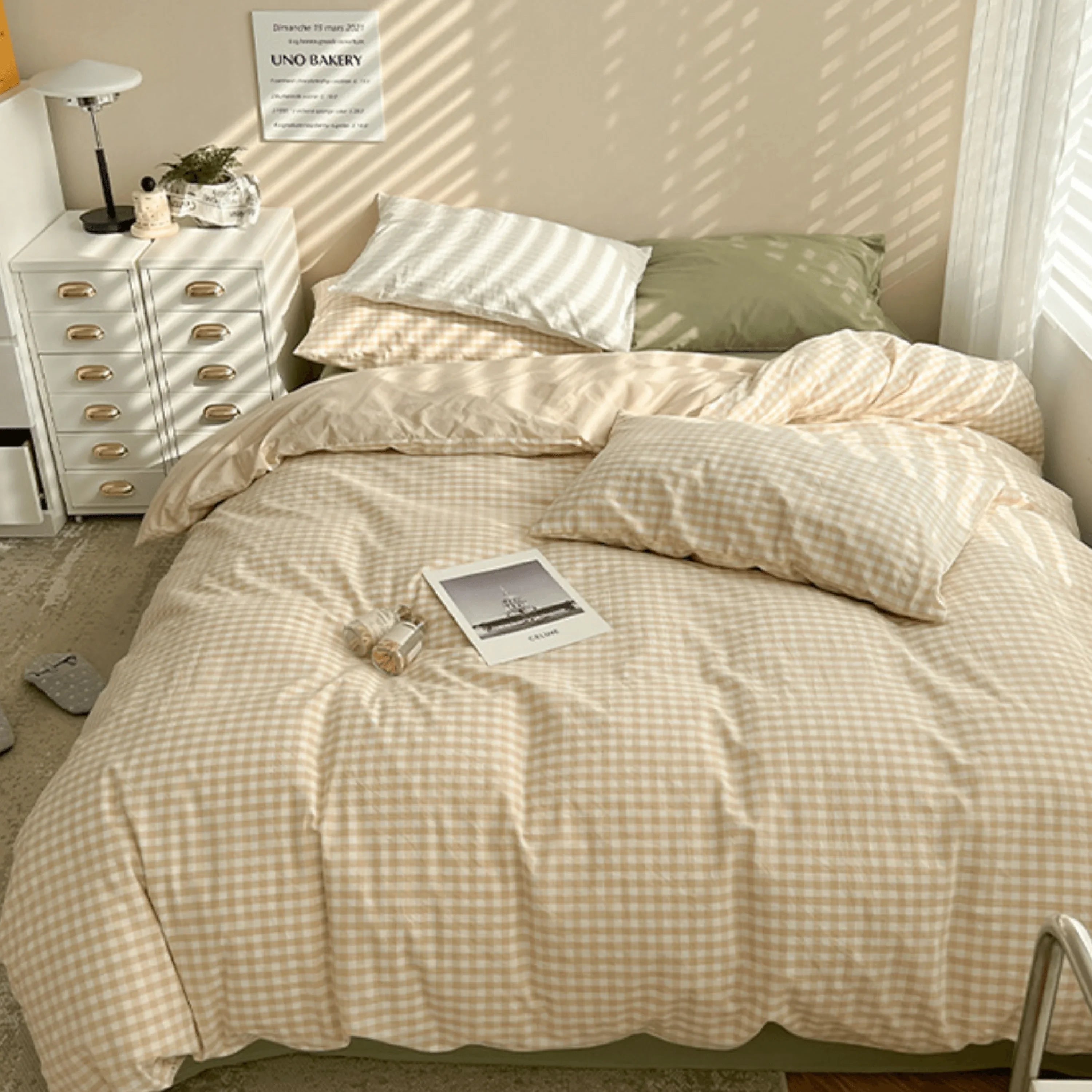 Mixed Gingham Bedding Set / Brown + Green Ever Lasting