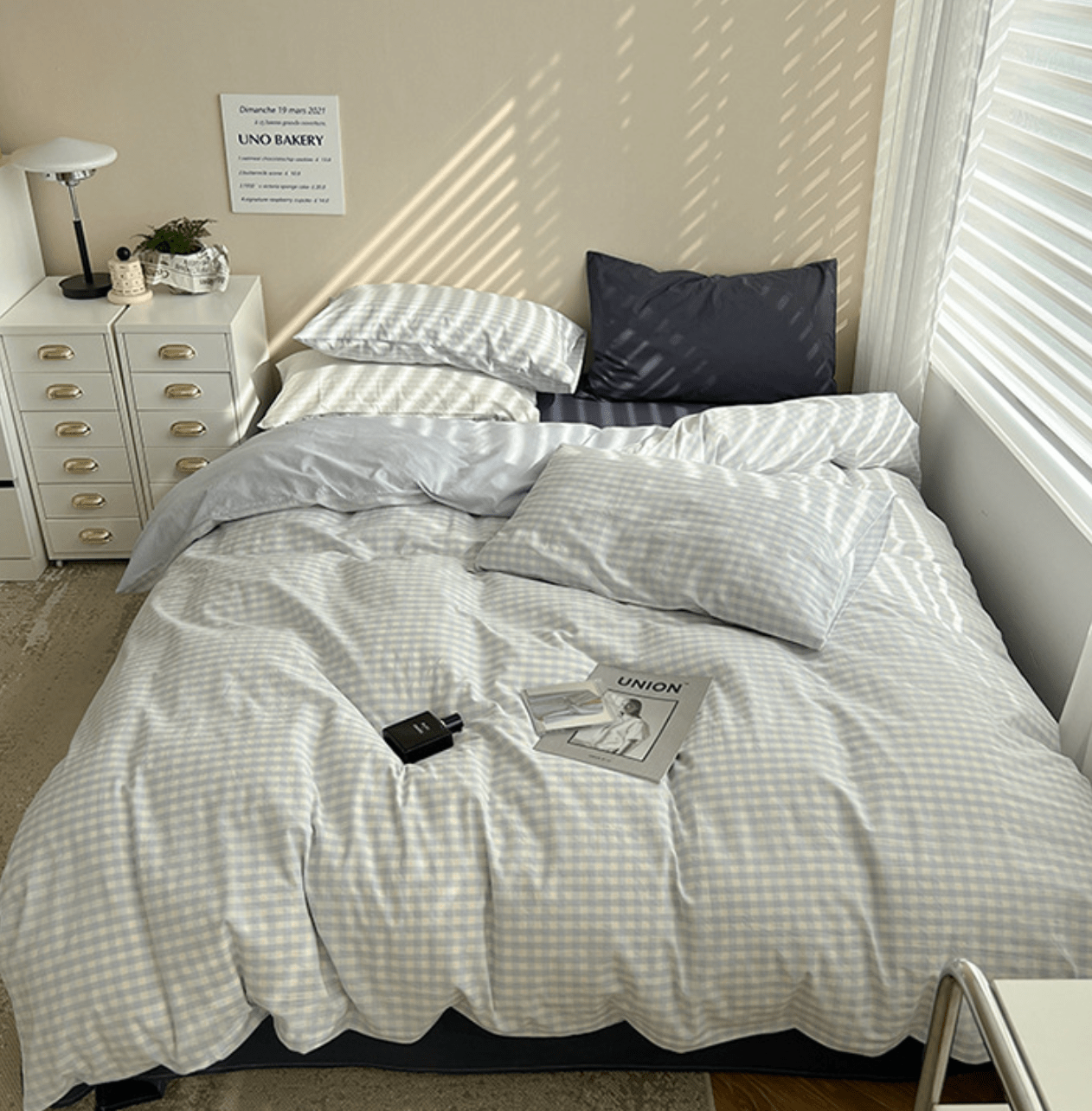 Mixed Gingham Bedding Set / Pink + Yellow