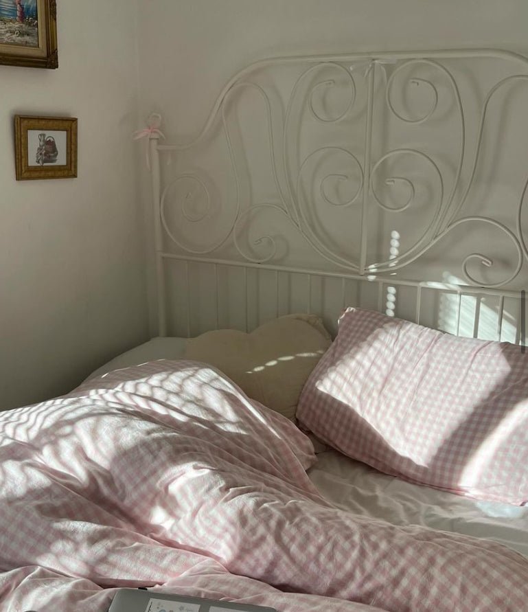 Mixed Gingham Bedding Set / Pink + Yellow