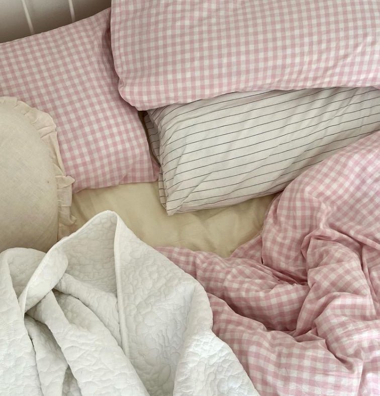 Mixed Gingham Bedding Set / Pink + Yellow