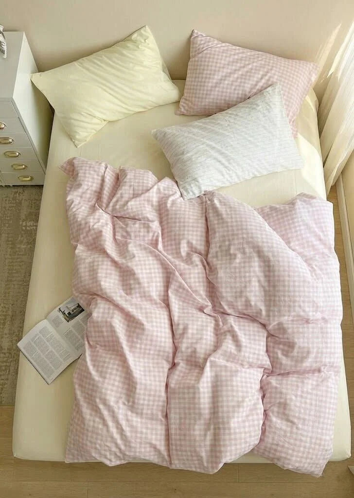 Mixed Gingham Bedding Set / Pink + Yellow