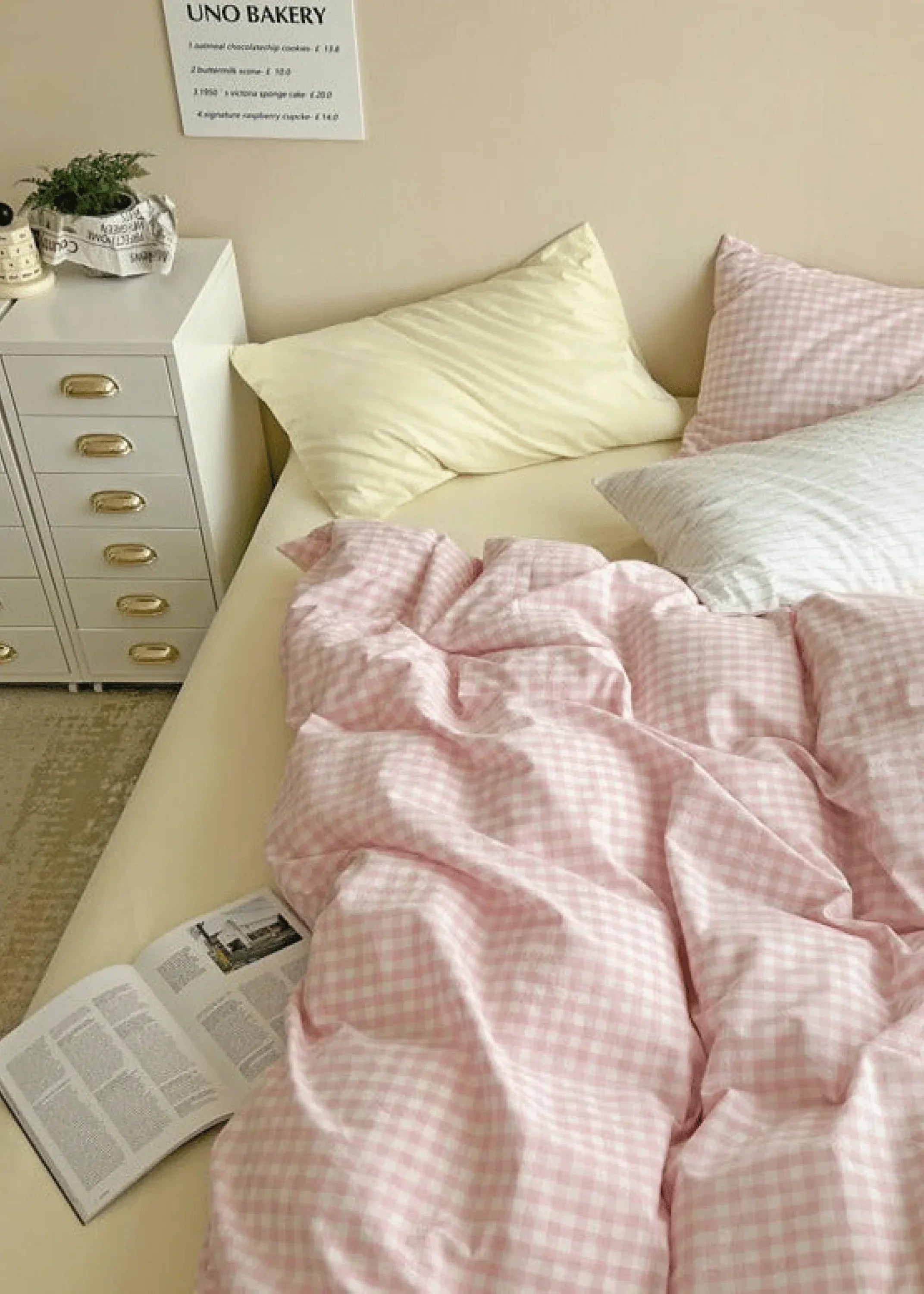 Mixed Gingham Bedding Set / Pink + Yellow
