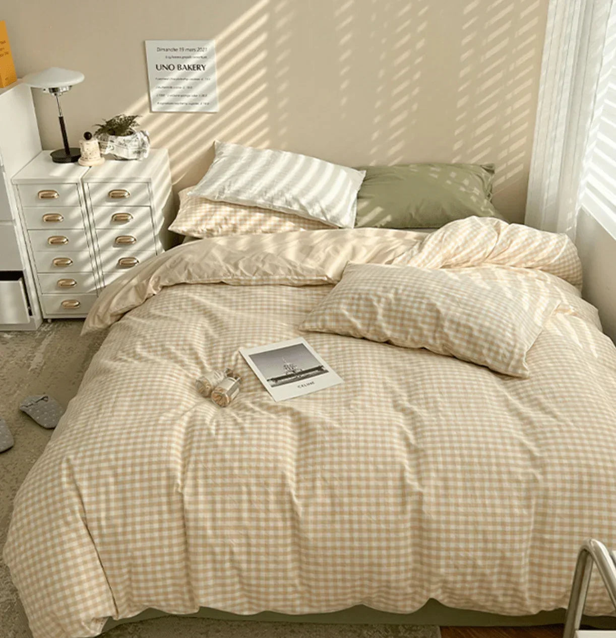 Mixed Gingham Bedding Set / Pink + Yellow