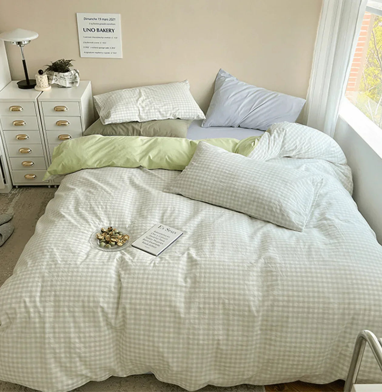 Mixed Gingham Bedding Set / Pink + Yellow