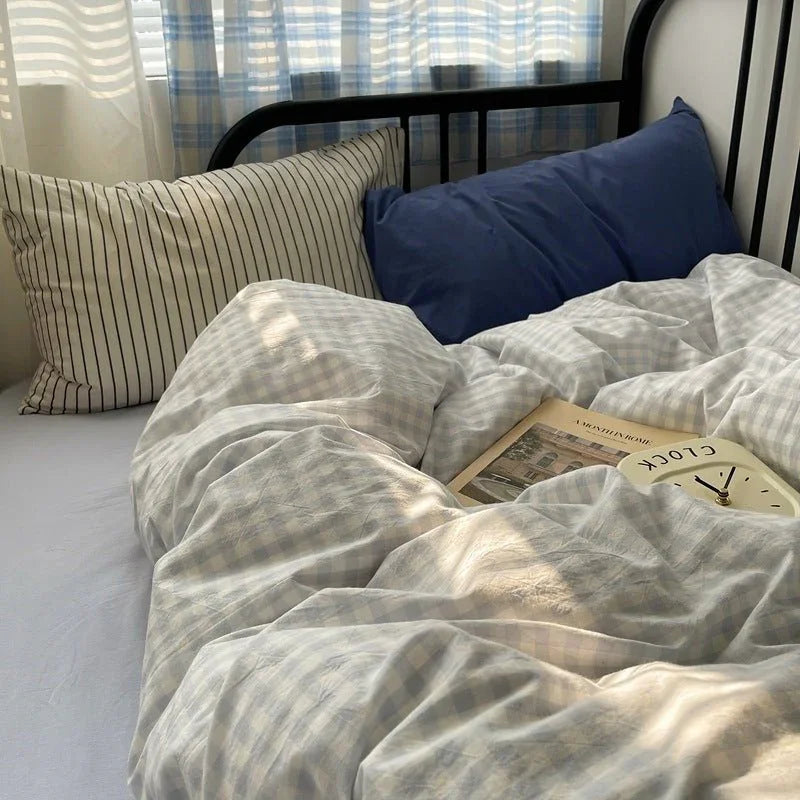 Mixed Gingham Striped Bedding Set / Mint Green
