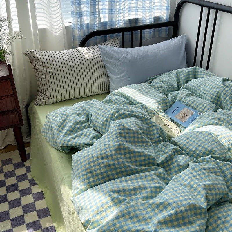 Mixed Gingham Striped Bedding Set / Mint Green