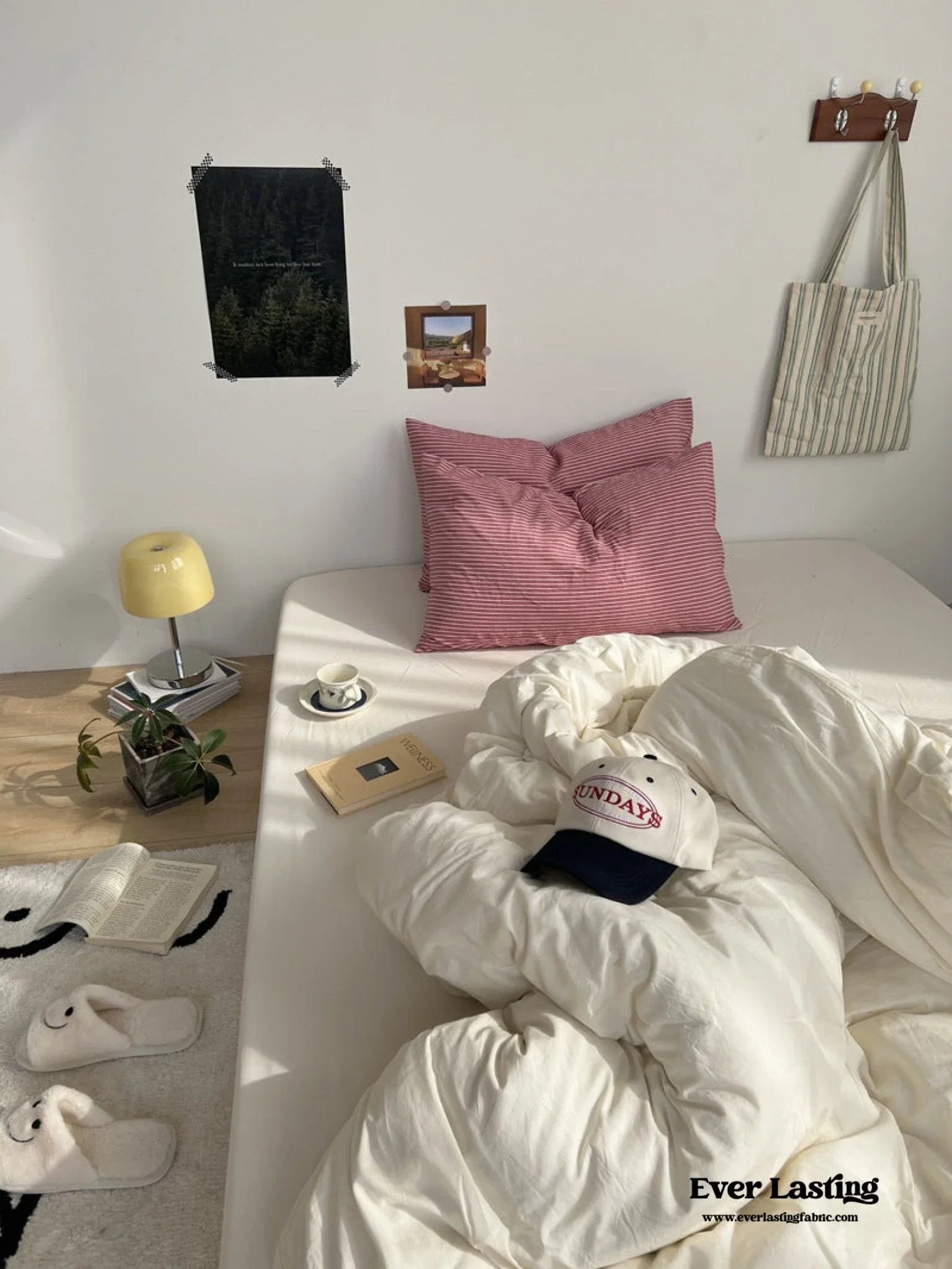 Mixed Stripe Washed Cotton Bedding Set / White + Red Ever Lasting