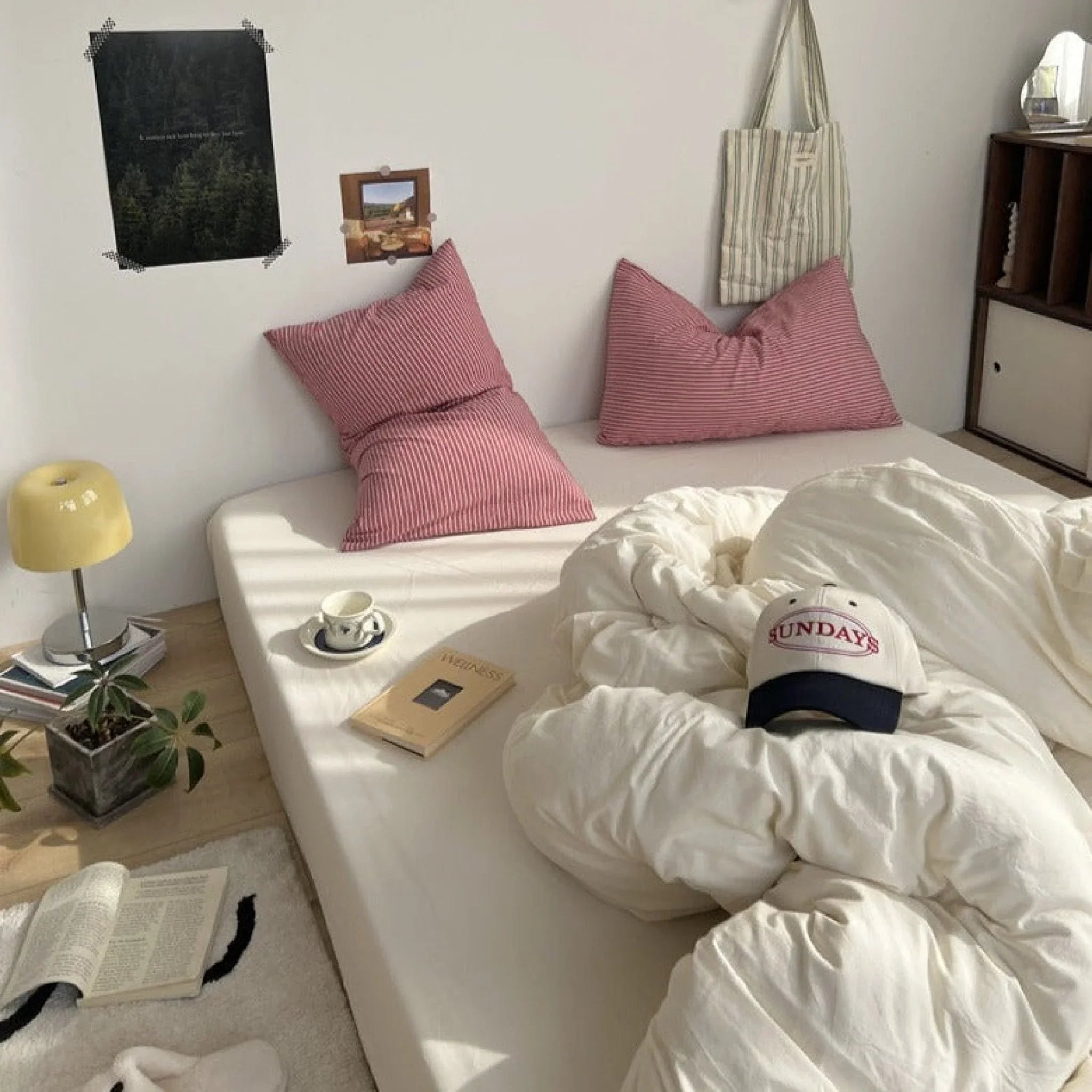 Mixed Stripe Washed Cotton Bedding Set / White + Red Ever Lasting