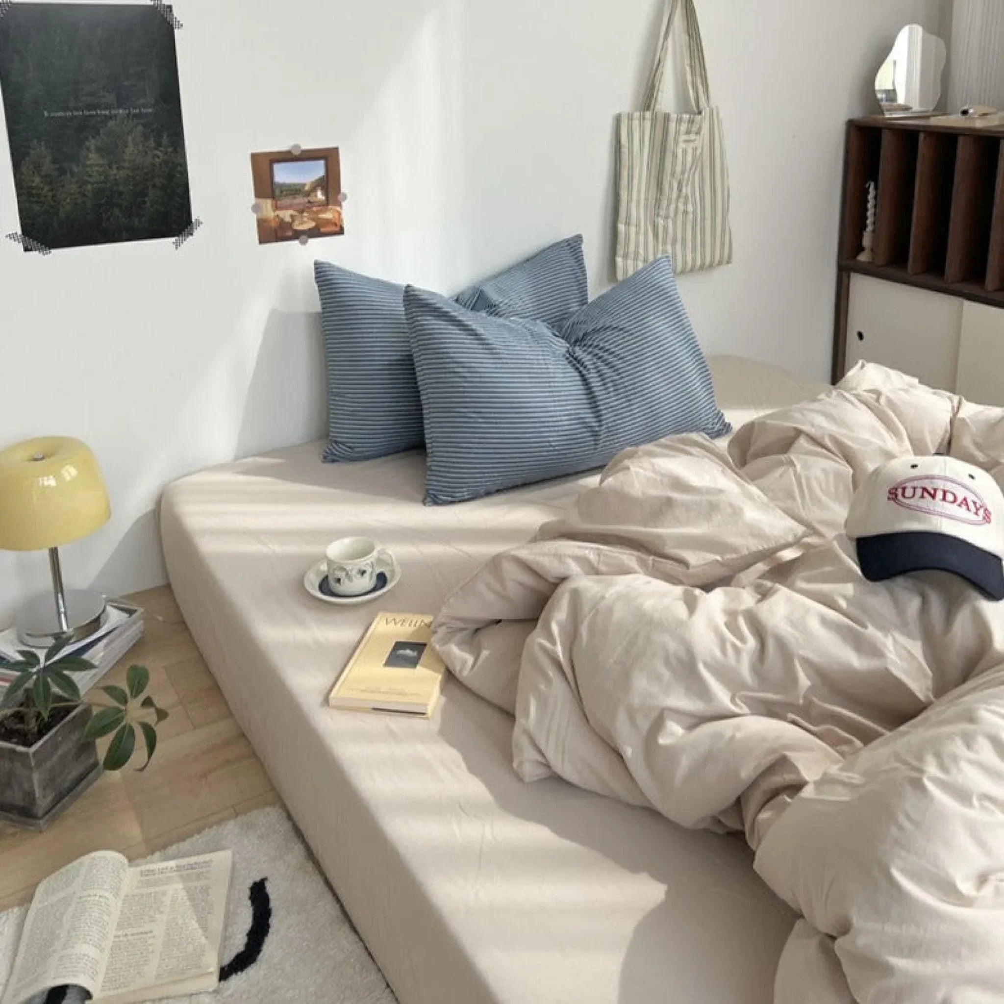 Mixed Stripe Washed Cotton Bedding Set / White + Red Ever Lasting