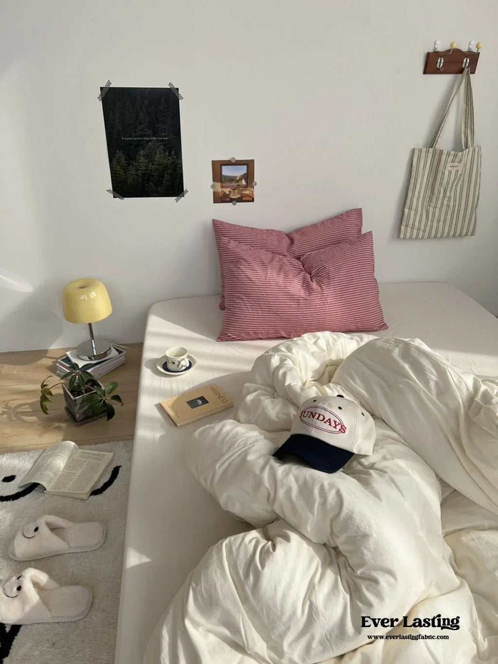 Mixed Stripe Washed Cotton Bedding Set / White + Red Ever Lasting