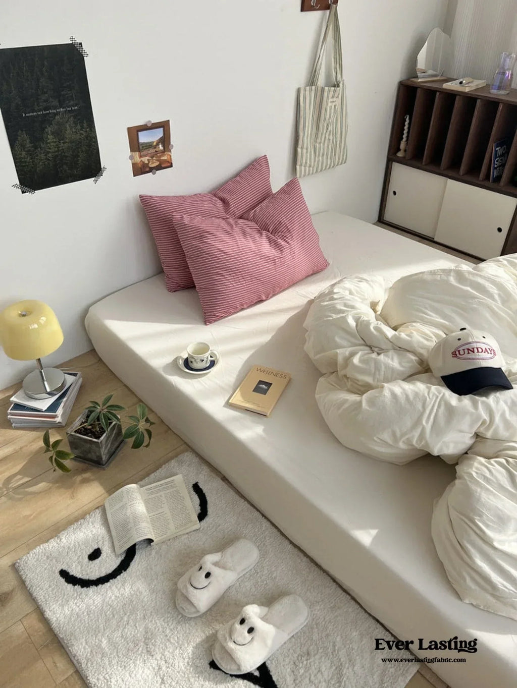 Mixed Stripe Washed Cotton Bedding Set / White + Red Ever Lasting