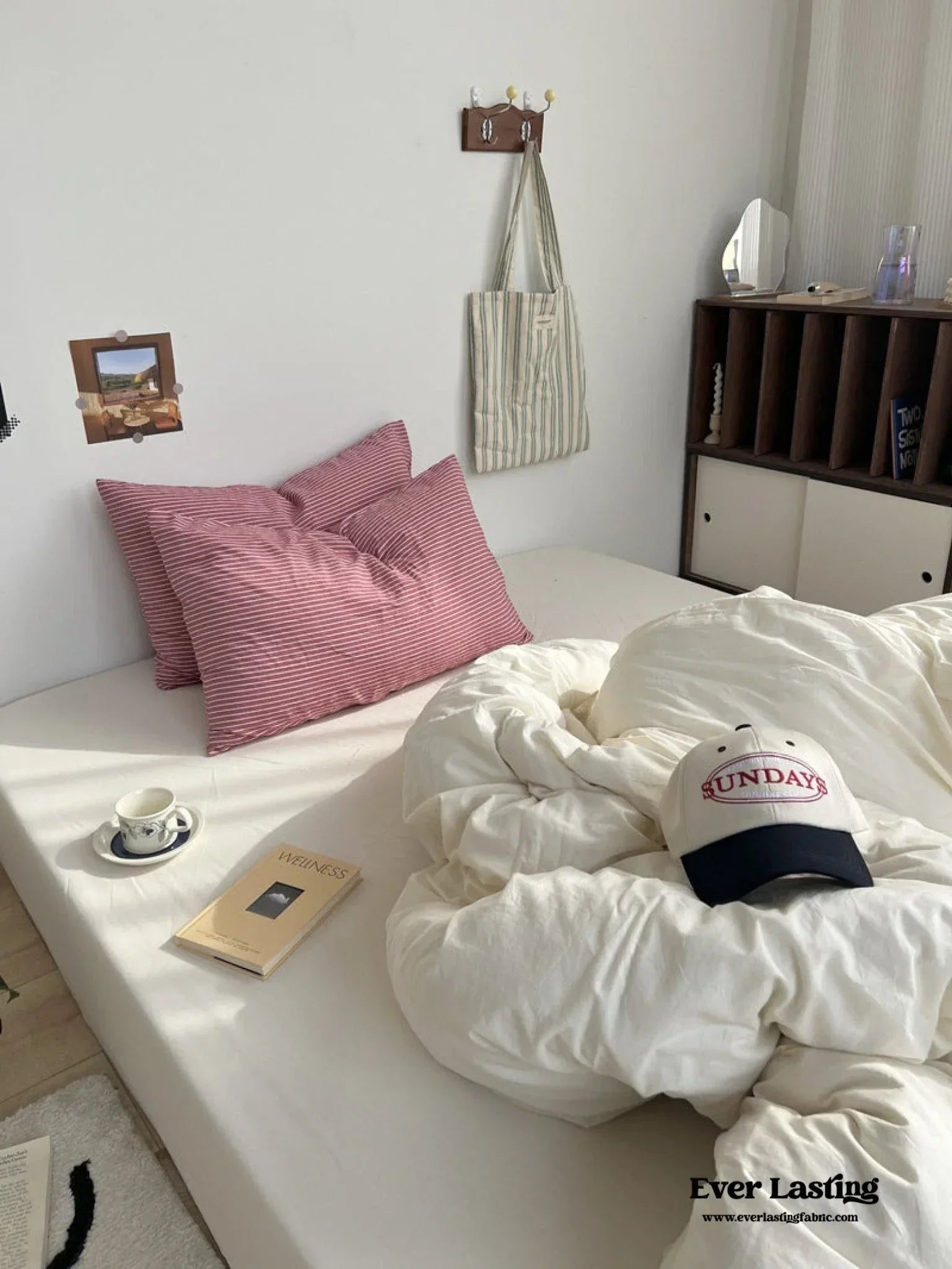 Mixed Stripe Washed Cotton Bedding Set / White + Red Ever Lasting